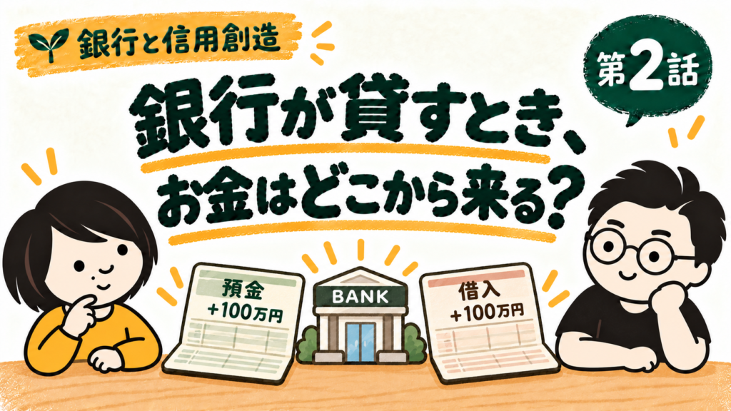 銀行と信用創造 第2話。銀行の貸出で預金100万円と借入100万円が同時に生まれることを考える、たけちゃんとパパ。