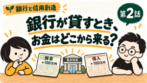銀行と信用創造 第2話。銀行の貸出で預金100万円と借入100万円が同時に生まれることを考える、たけちゃんとパパ。