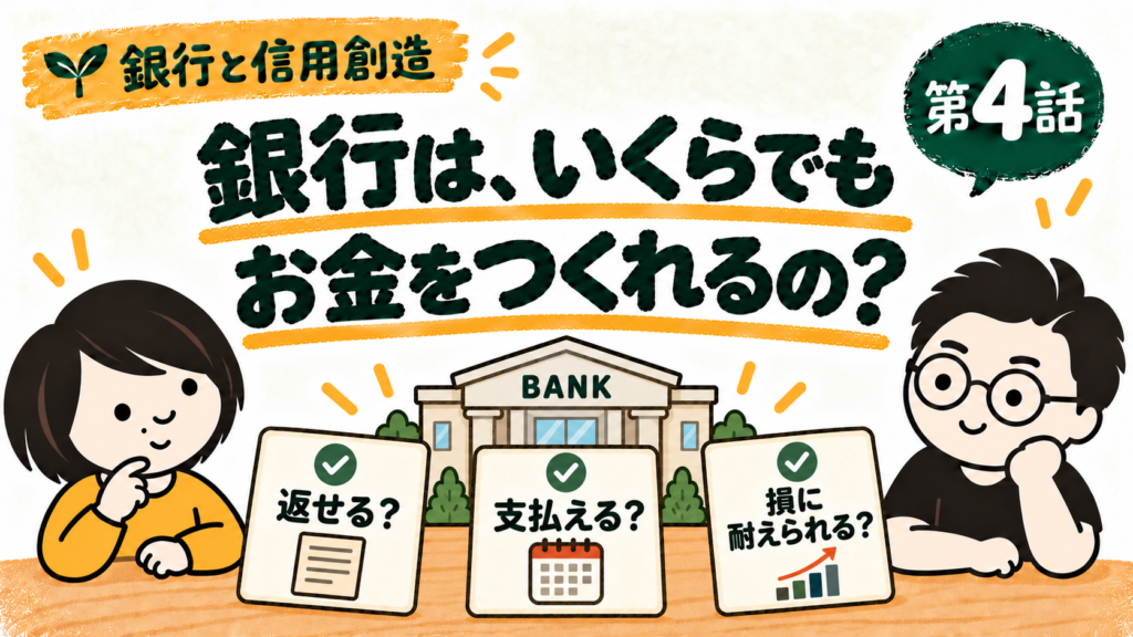 銀行と信用創造 第4話。銀行の貸出を制約する返済の見込み、支払い、損失への備えを考えるたけちゃんとパパ。