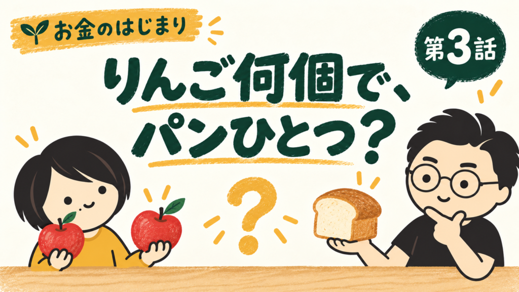 第3話 りんご何個で、パンひとつ？ りんご2個を持つたけちゃんとパンを持つパパ